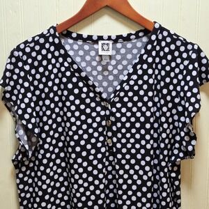 Anne Klein Blouse Womens XL Black White Polka Dot Flutter Sleeve Button Top